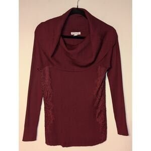 Deb Women's Med Cowl Neck Long Sleeve Lace Side Panels Ribbed Burgundy Sweater